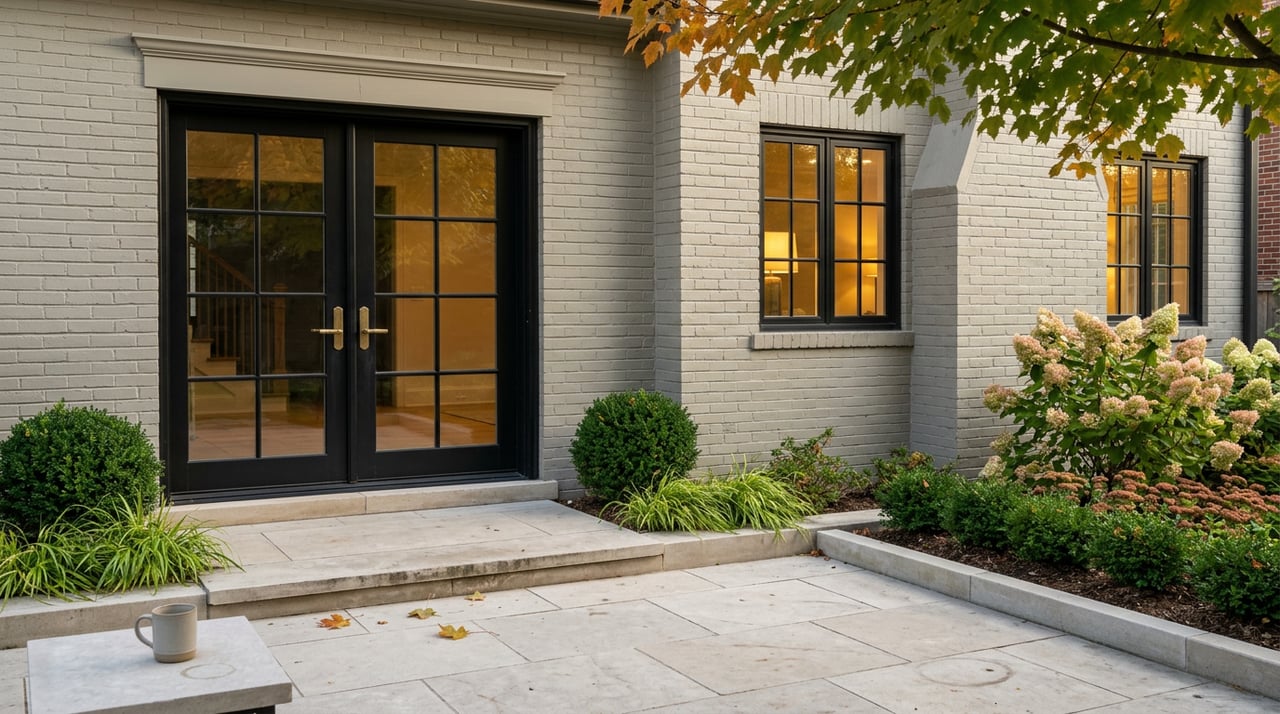 Black steel French doors beside greige brick, with limestone terrace pavers and a blooming hydrangea.