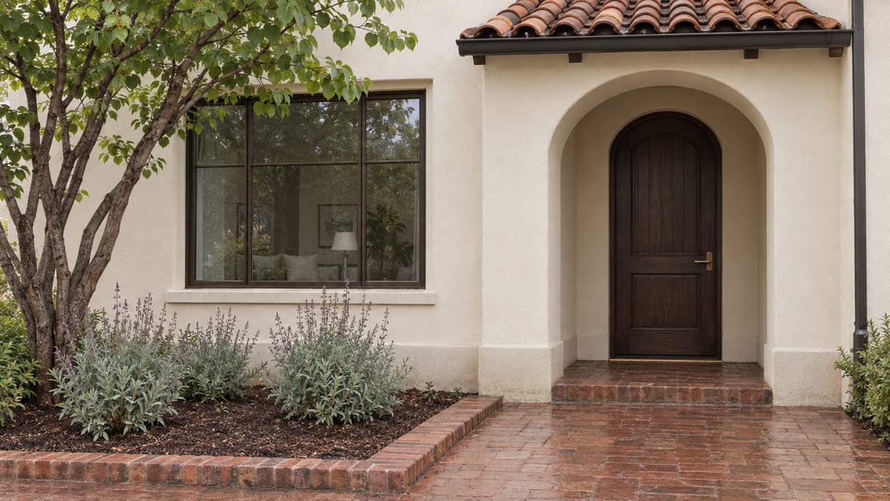 Rain-damp brick approach leading to an arched oak entry beside an ivory stucco facade, bronze-framed window and carefully spaced native planting.
