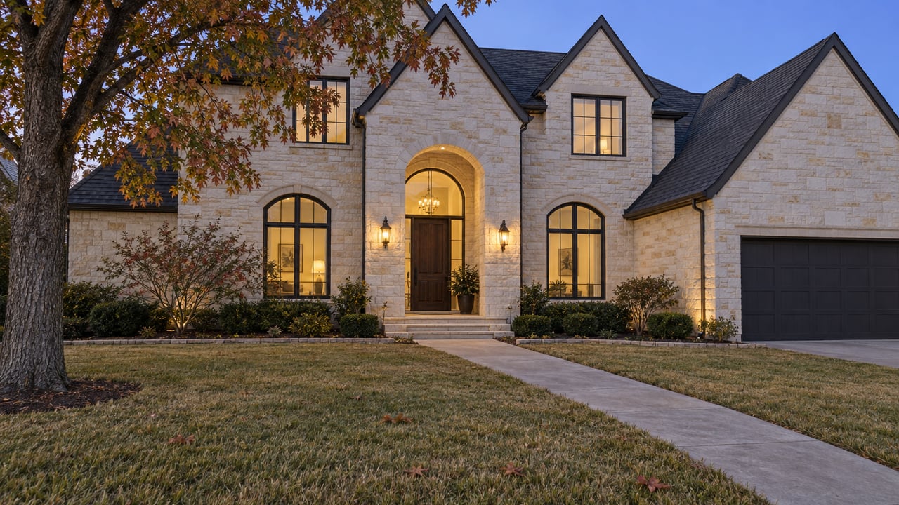 Cream limestone home with dark gabled roofs, glowing entry lanterns and a deep autumn lawn beneath a mature oak.