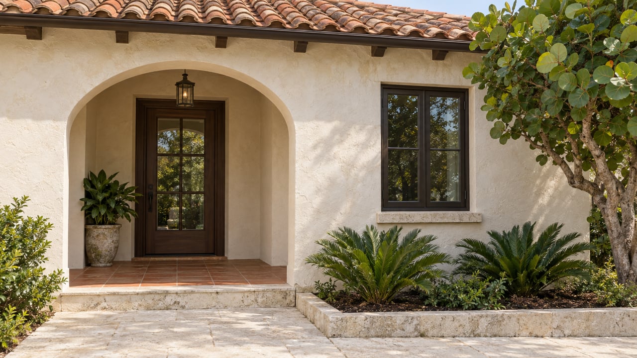 Cream-stucco house with terracotta roof tiles, arched porch, dark entry door, and limestone path.