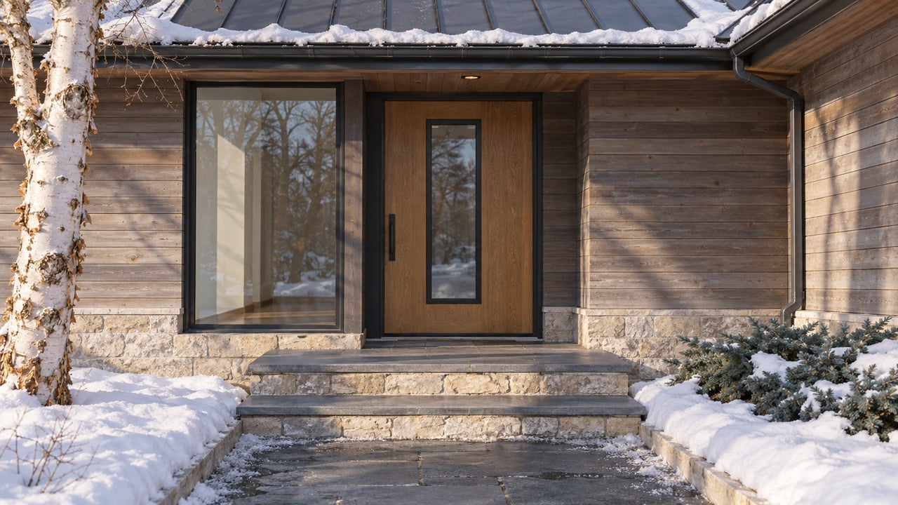 Snow surrounds the shoveled stone approach to a cedar cottage entrance with an oak door and pale limestone steps.