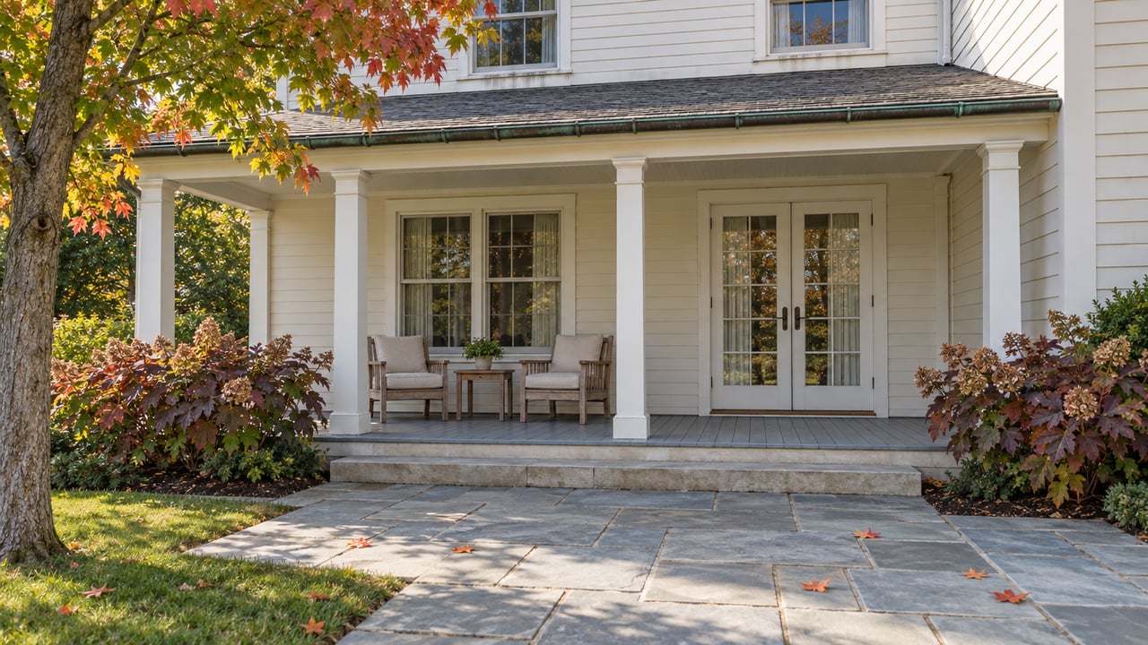 Ivory clapboard home with a covered rear porch, teak chairs and weathered bluestone terrace beside autumn maple foliage.