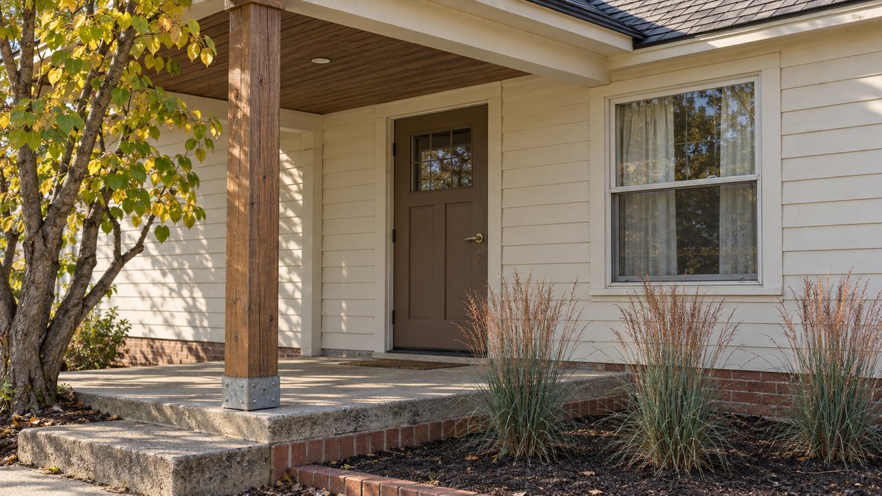 Morning light on a modest home's timber porch post, ivory siding, brown front door and brick-edged planting bed.