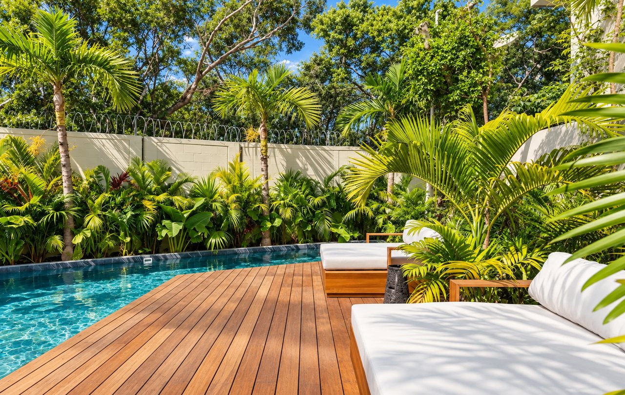 Outdoor pool with a wooden deck, white lounge chairs, and dense tropical landscaping.