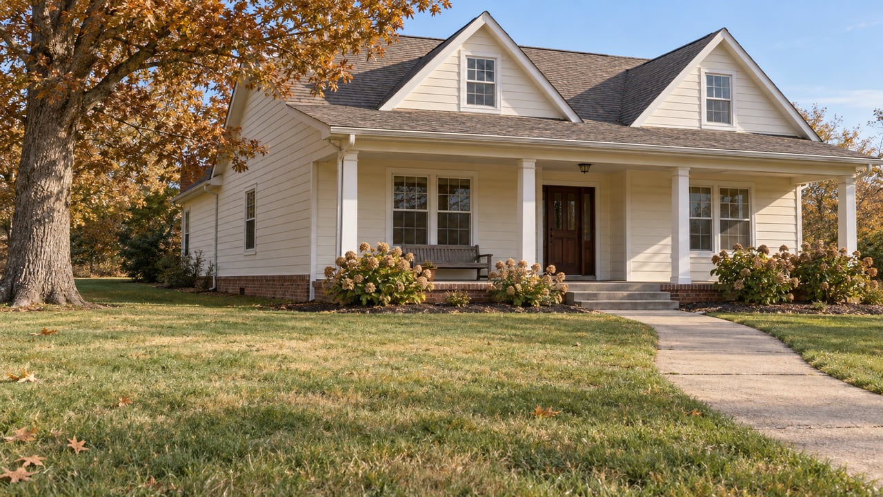 An ivory-sided home with a covered porch and broad autumn lawn beneath a mature oak tree.