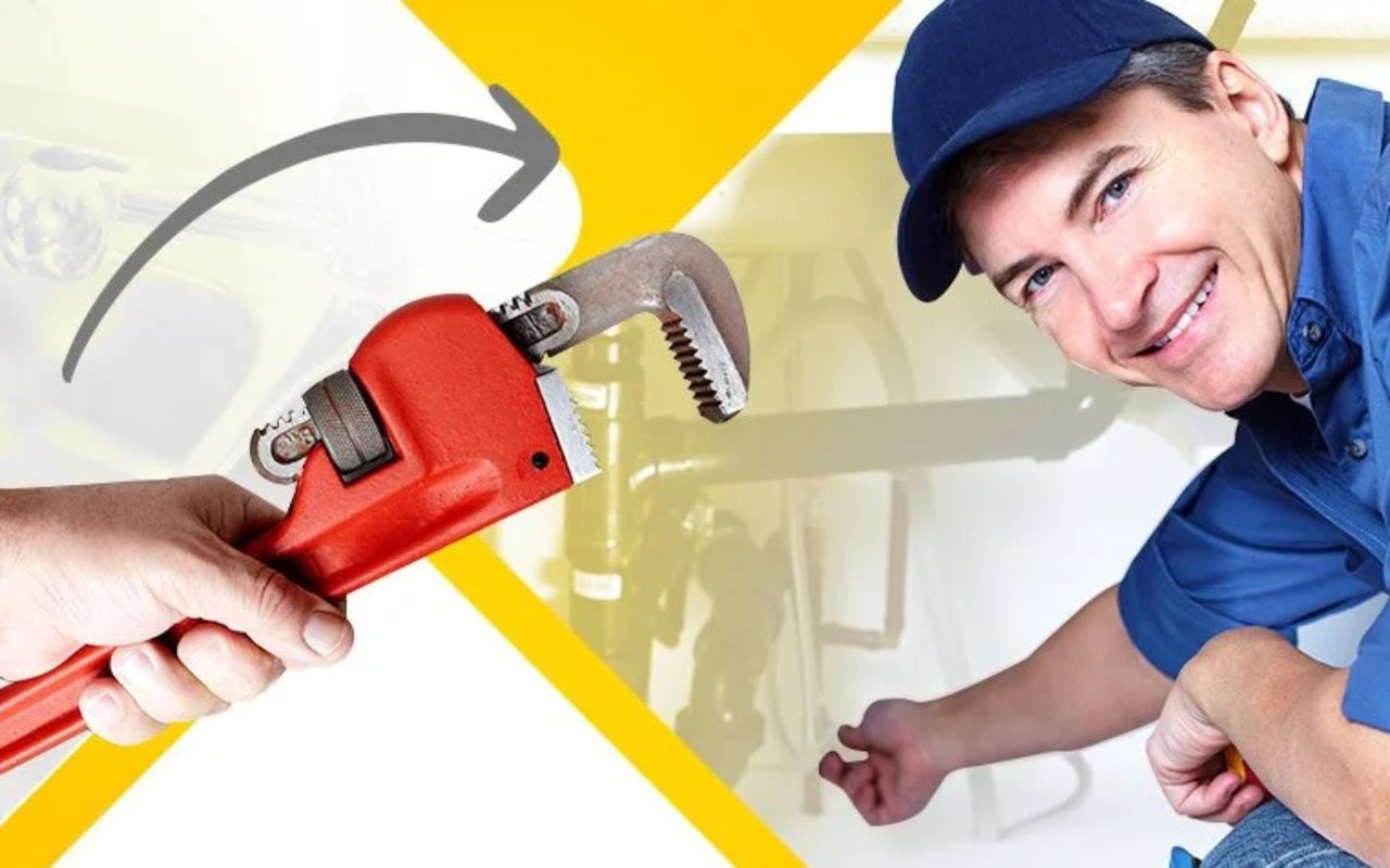 Home repair graphic with a tradesman, red pipe wrench, and curved arrow.