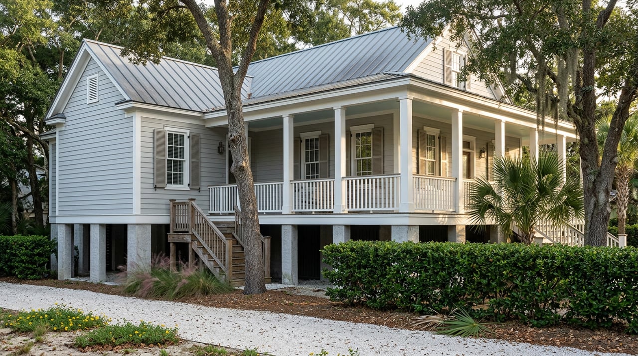 Elevated coastal cottage with wraparound porch, tabby pilings, stairs, and live oak with Spanish moss.