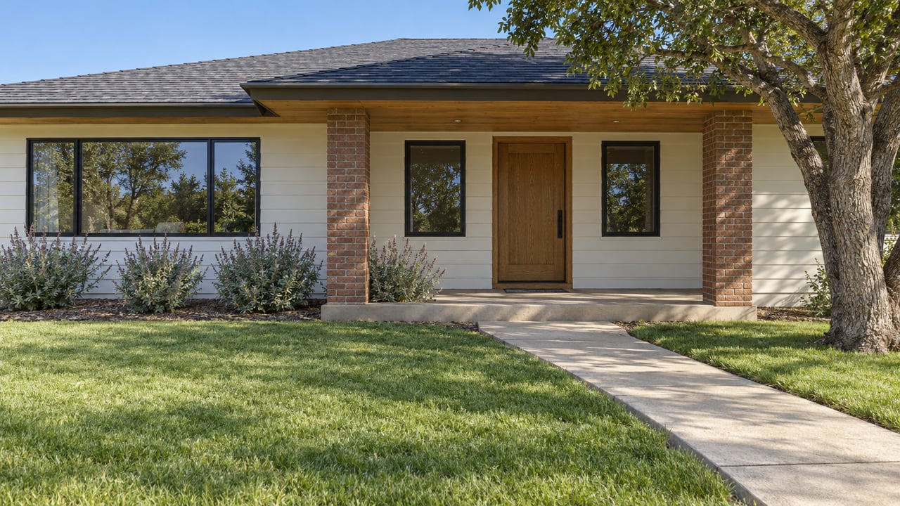 Sunlit single-story home with white siding, an oak front door, brick porch supports, and a deep lawn beside a mature oak.