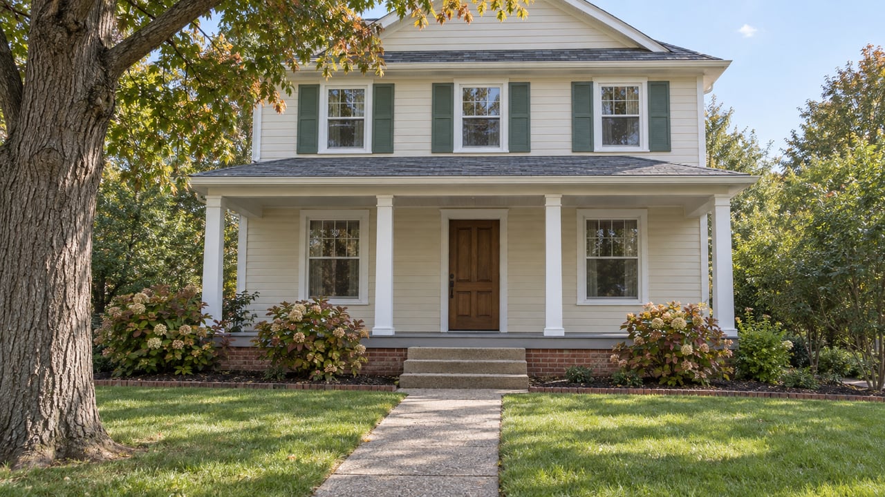 Ivory clapboard home with green shutters, a brick-based covered porch, and a concrete walk across a modest lawn beside a mature oak.