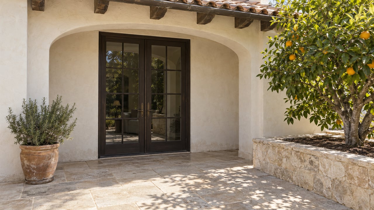 Cream stucco terrace with paired dark French doors, weathered limestone paving, a citrus tree and a terracotta rosemary pot.