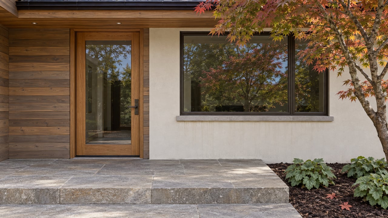 Covered cedar-and-stucco home entry with glazed oak door, sandstone landing, and copper-red maple foliage.