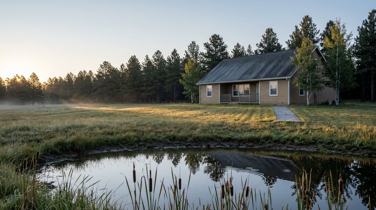 A tan single-story home stands beyond a golden meadow, reflected in a pond beneath ponderosa pines.