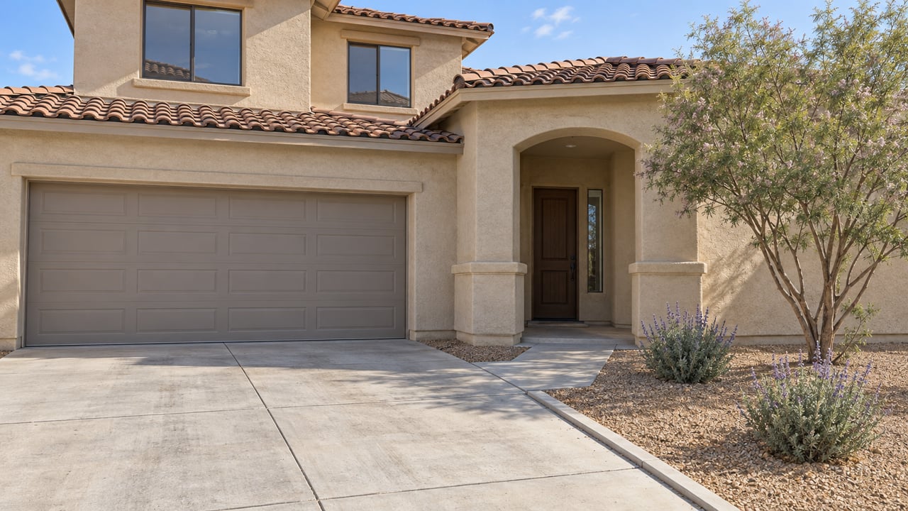 Sand-colored stucco home with terracotta roof tiles, a closed double garage, recessed arched entry and a concrete approach bordered by desert planting.