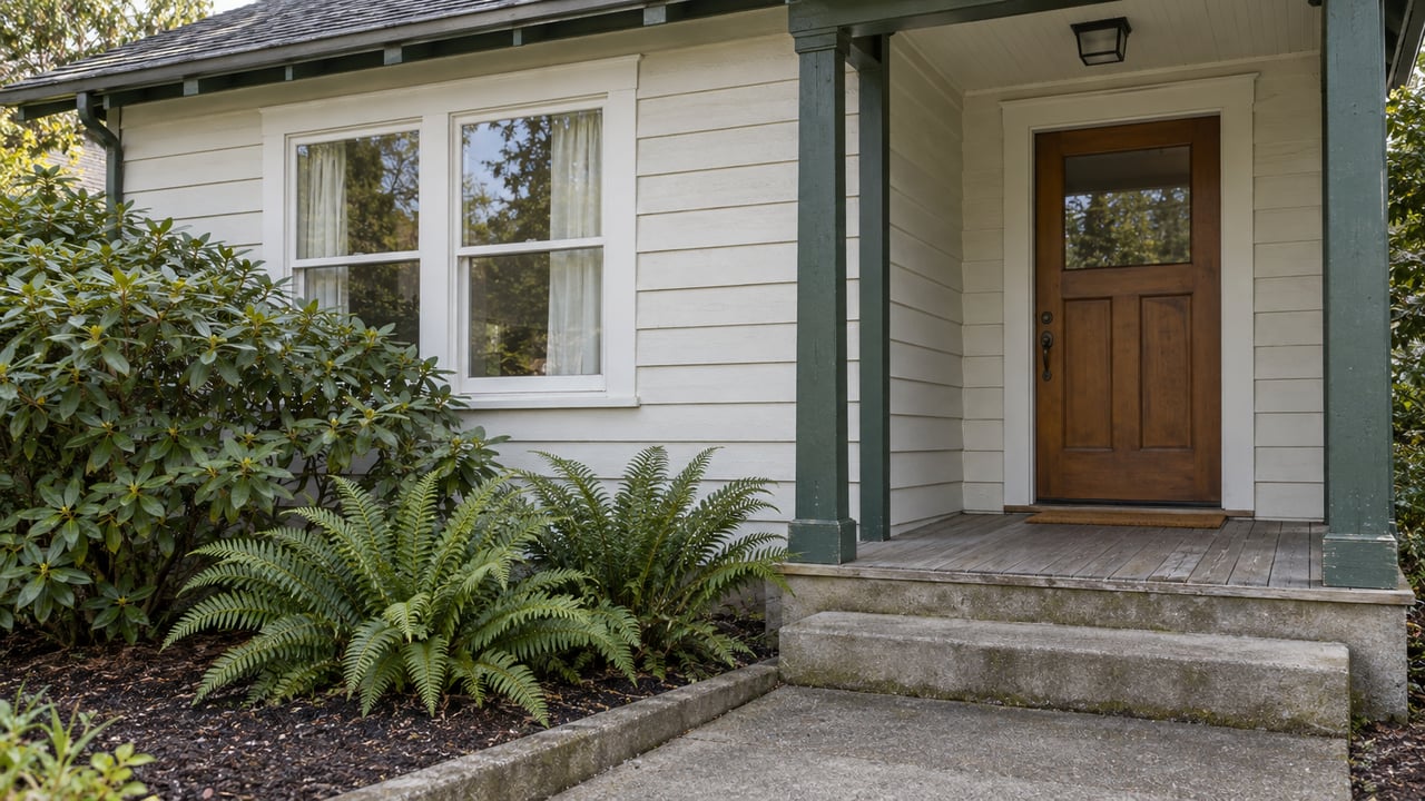 Soft-white wood cottage with a green covered porch, brown timber door, paired windows, and rhododendron and sword ferns beside a concrete approach.