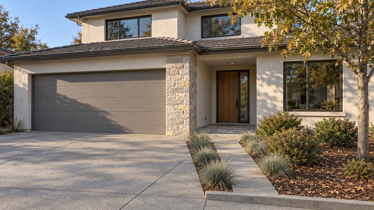 Contemporary two-story stucco home with a double garage, limestone entry pier and carefully spaced dry-climate planting.