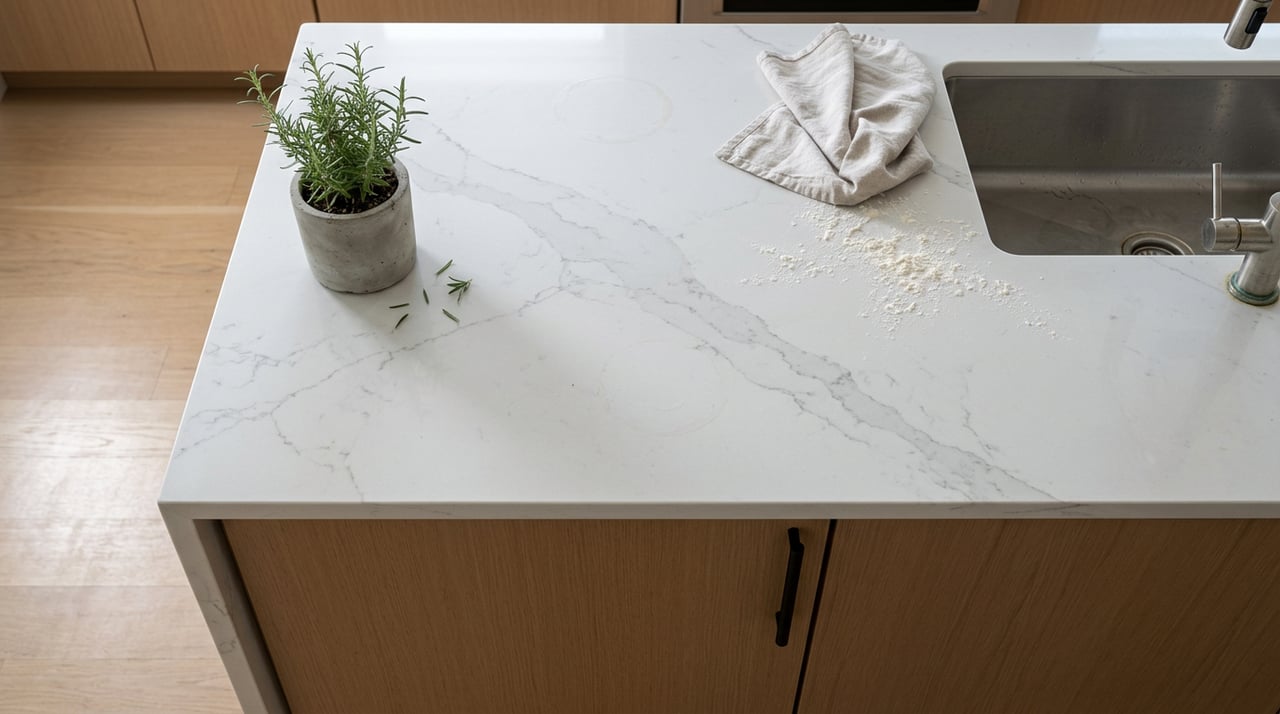 Quartz island with grey veining, a rosemary pot, folded towel, and water ring beside the sink.