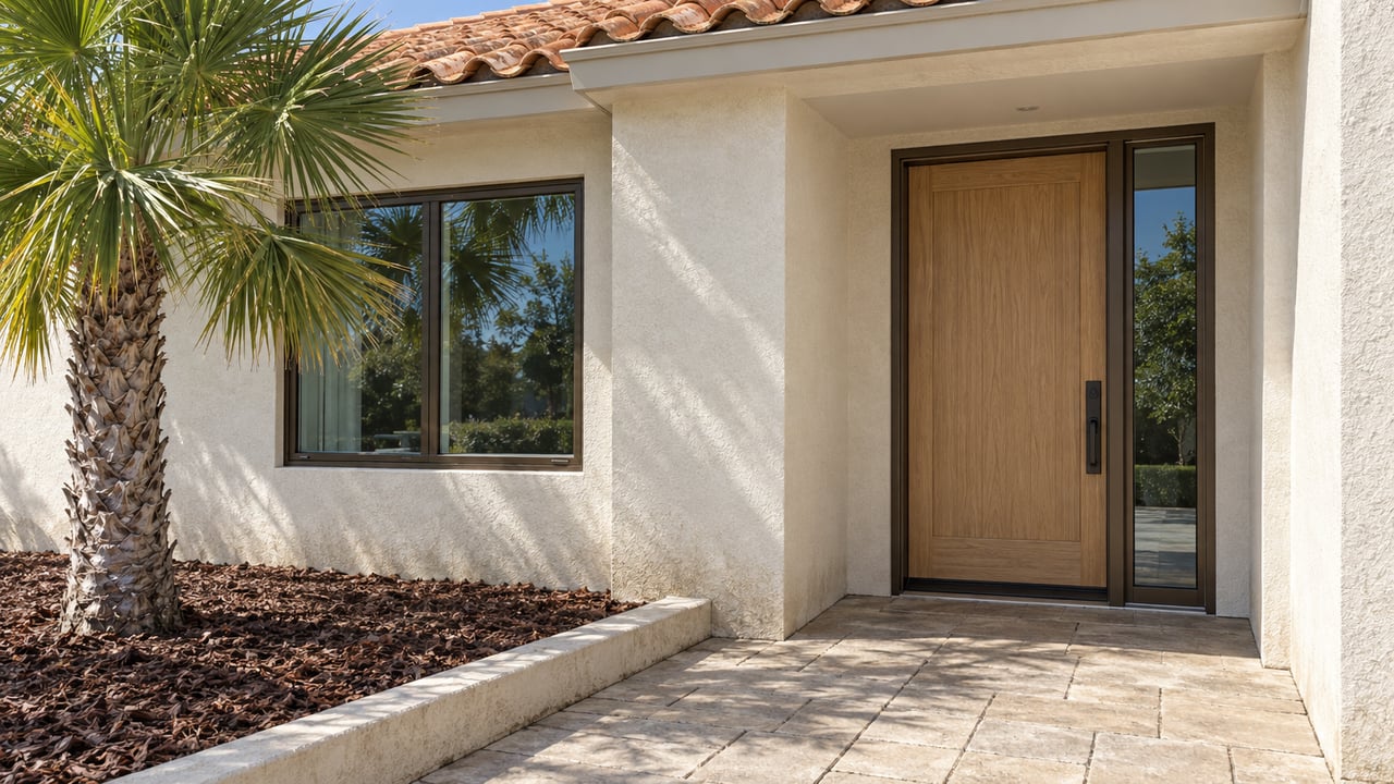 Sunlit ivory stucco entrance with a pale wood door, bronze-framed window, clay roof tiles and a single fan palm beside a bordered paver approach.