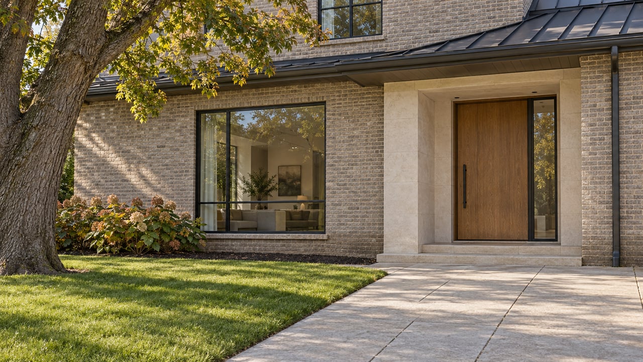Morning light across a substantial brick home's recessed oak entry, limestone approach and broad lawn beneath a mature oak.