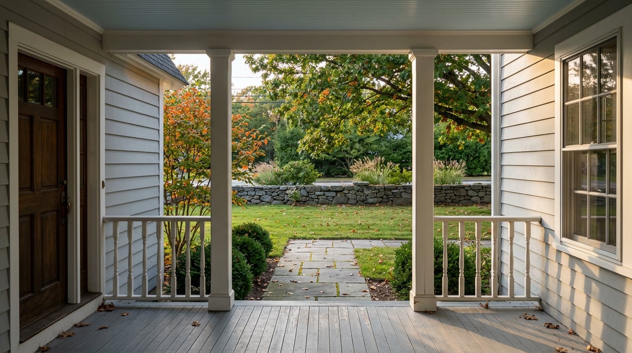 Covered porch with white columns and wood railing overlooking a bluestone walk, lawn, and low stone wall beneath an oak canopy.