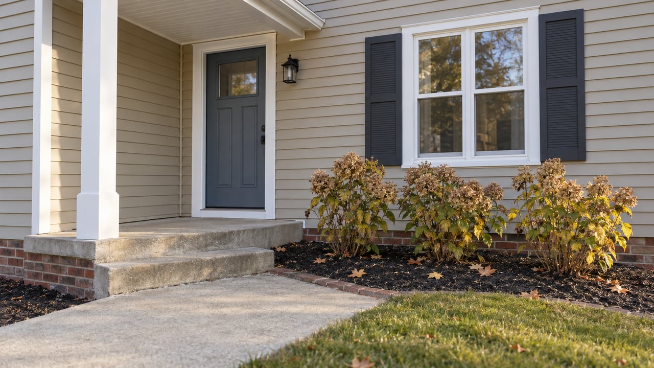 Tan-sided home with a blue-gray front door, white porch trim, concrete steps and autumn hydrangeas.