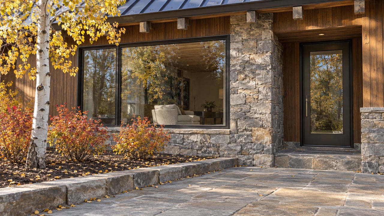 Autumn sunlight on a timber-and-stone home with bronze-framed glazing, a sandstone approach and golden aspen foliage.