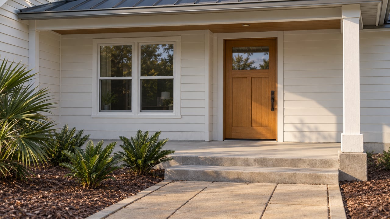 Late-afternoon light on a covered home entry with white siding, a timber door, concrete steps and carefully spaced native planting.