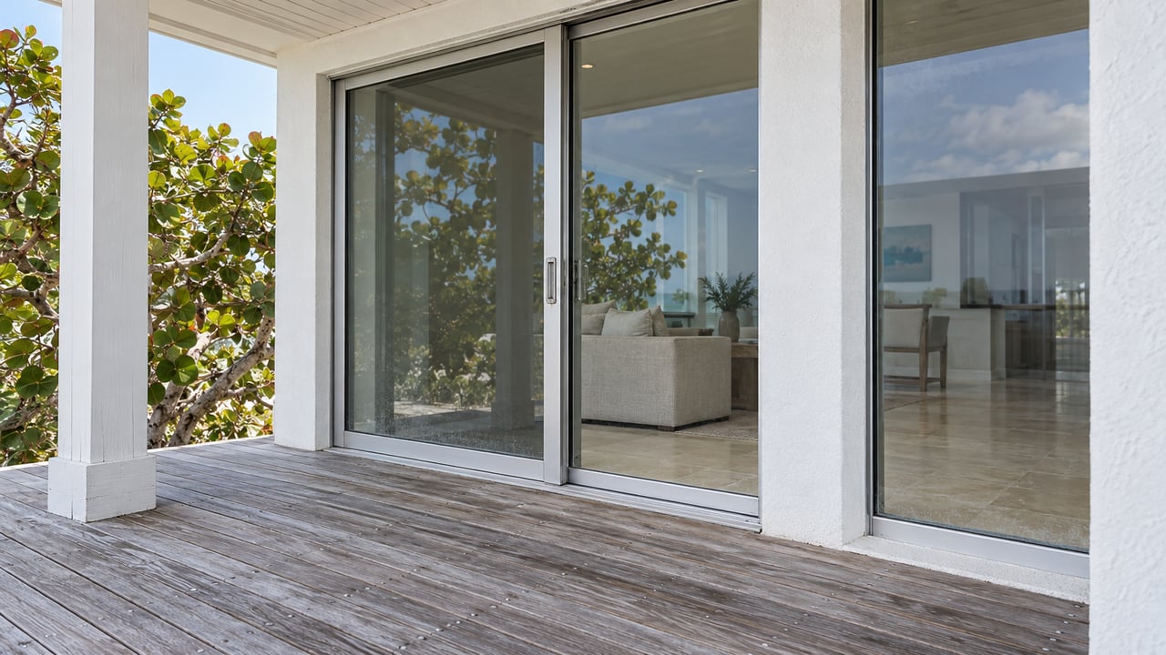 Weathered wood porch outside a white waterfront home, with closed glass doors, silver frames and a sea grape tree at the edge.