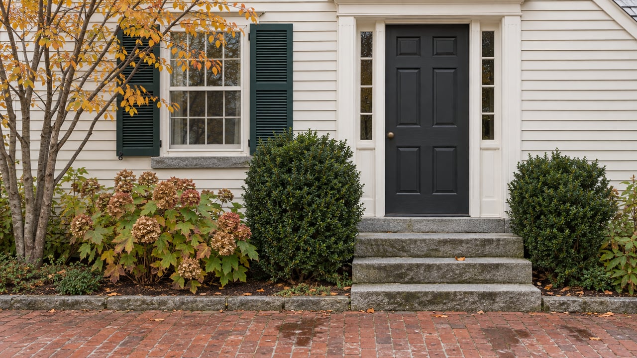 Historic townhouse entry with a charcoal door, red-brick walk, fieldstone steps, and autumn shrubs.