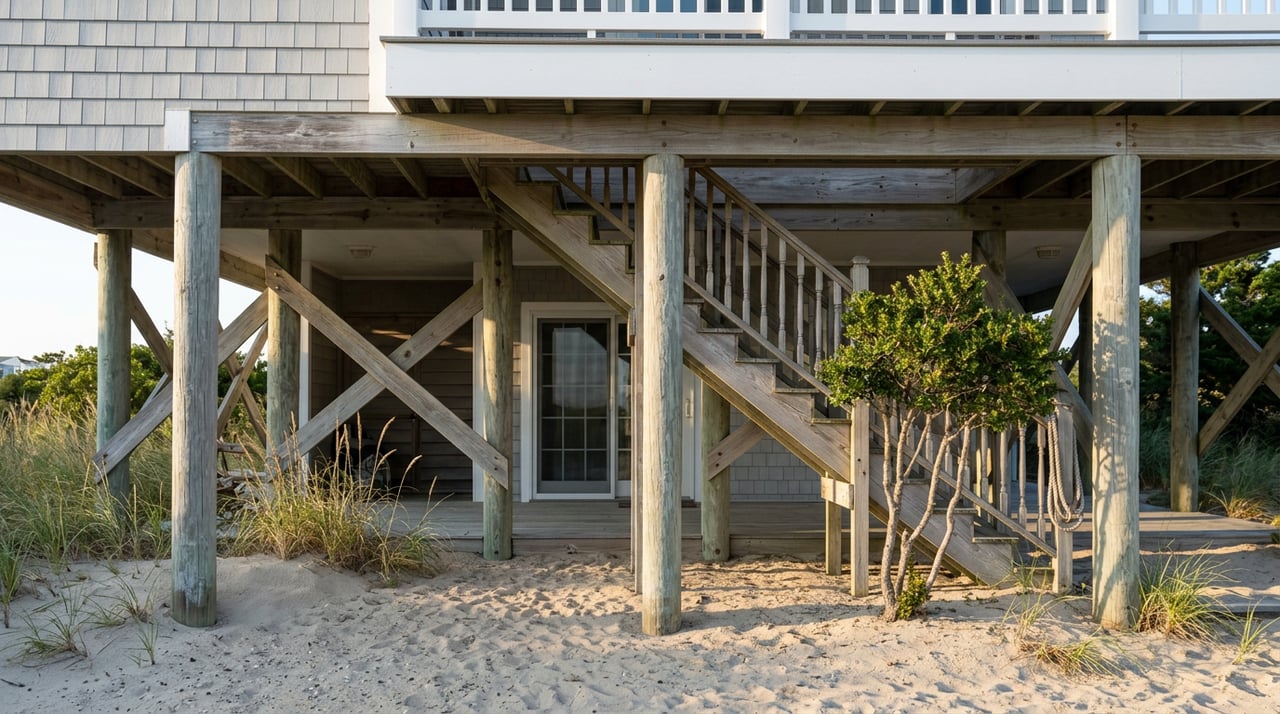 Elevated coastal home on weathered pilings, with a wooden stair, sandy ground, and sea oats beneath the deck.