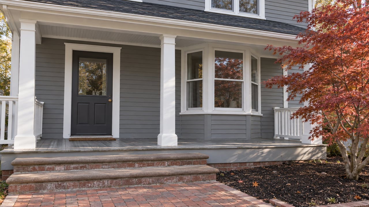 Gray clapboard home with white porch columns, a charcoal front door, bay window and brownstone steps beside a copper-red Japanese maple.