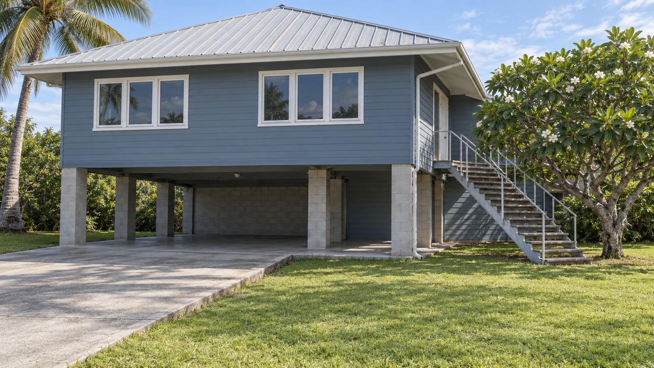 Raised slate-blue home with a wide-eaved gable roof, open carport and exterior stair beyond a green lawn, framed by a flowering plumeria and a coconut palm.