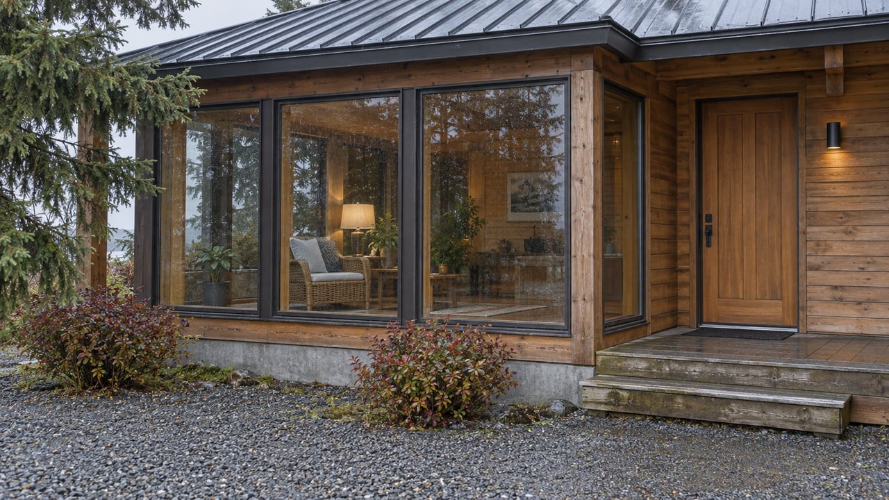 Compact cedar home with a glazed sunroom, wicker chair, timber steps, and wet gravel approach.