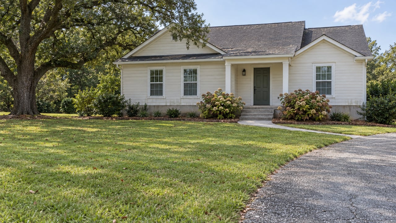Light-sided gabled home with a small covered porch, deep lawn, curved asphalt driveway and a mature spreading oak.