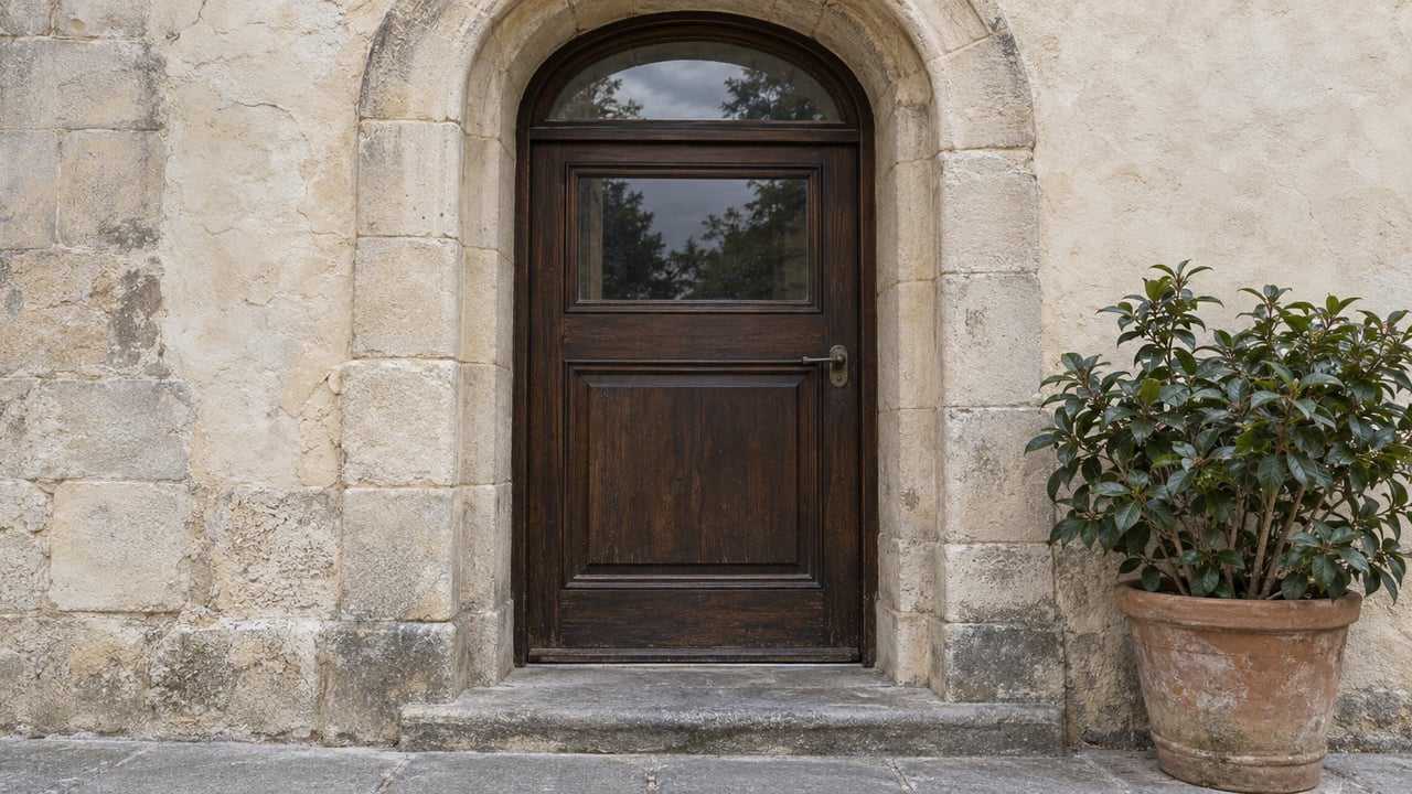 A weathered limestone arch frames a dark oak residential door beside a potted camellia on a shallow stone landing.