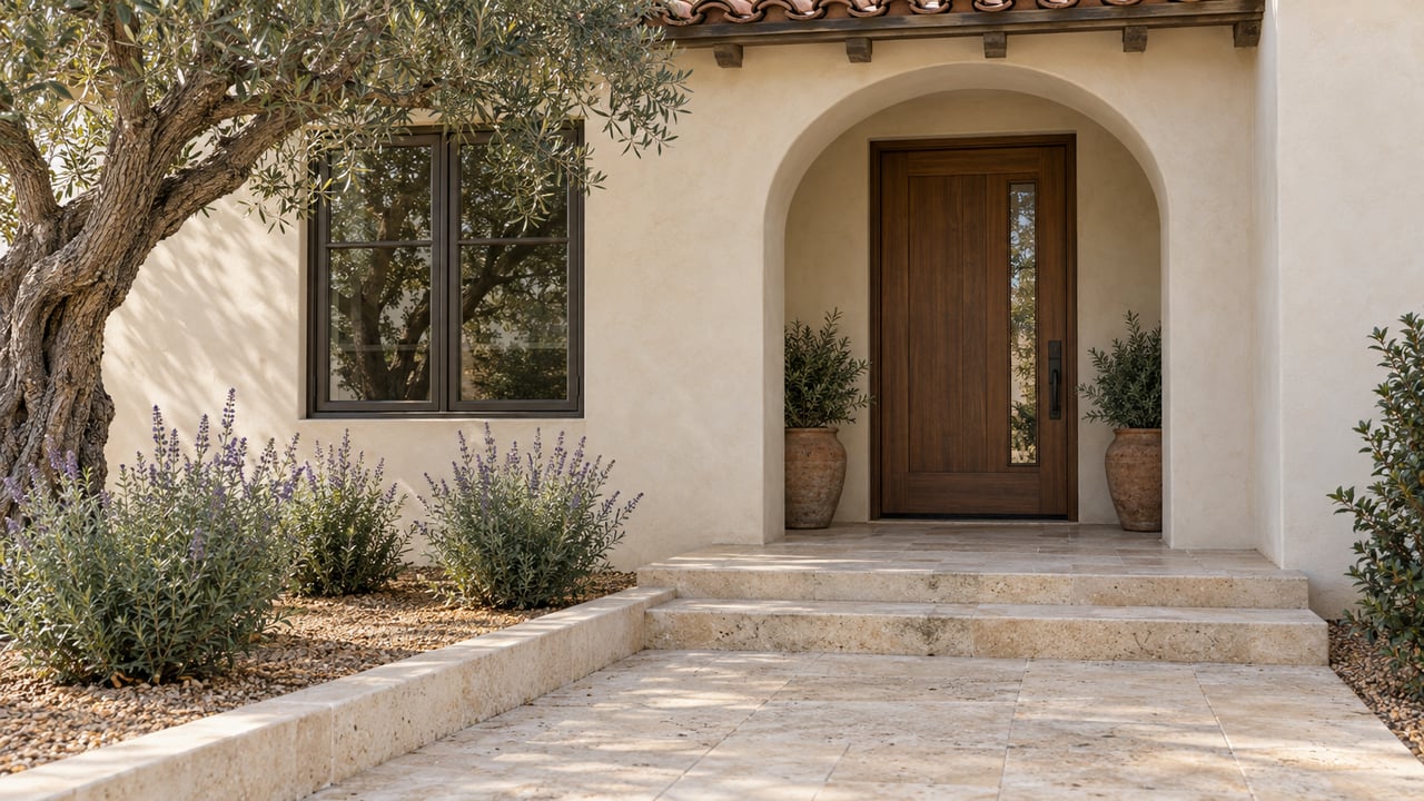 Cream stucco entry with a recessed arched timber door, limestone steps, olive branches, and separated sage plants.