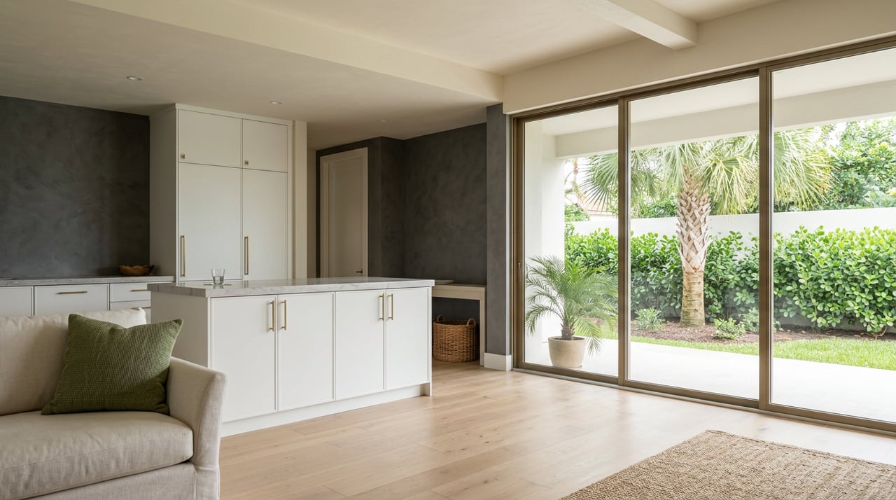 Open-plan kitchen and living room with a white stone island, glass doors, and a palm beyond the hedge.