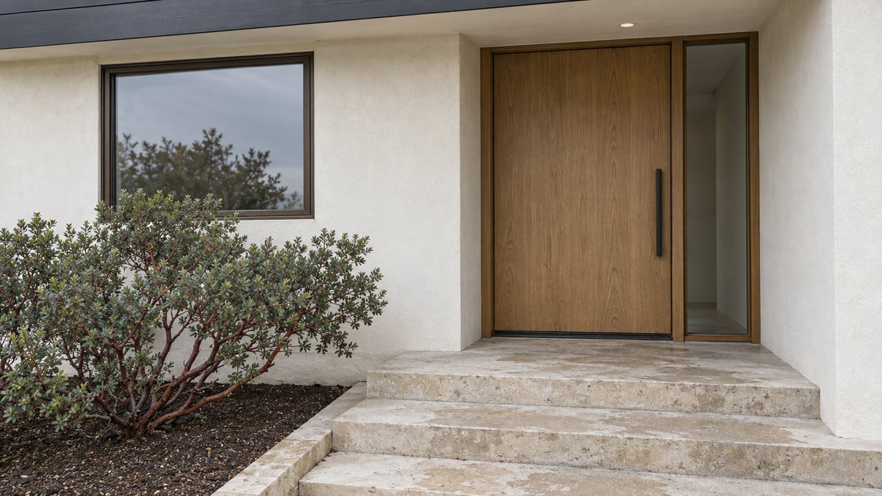 Coastal house entry with an oak door, bronze-framed window, limestone steps, and a red-branched manzanita.
