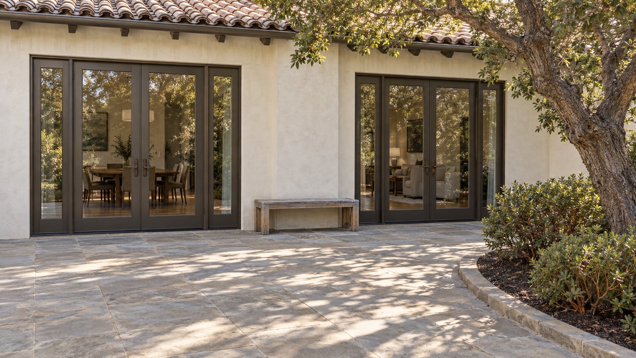 Ivory stucco home with bronze-framed glass doors opening onto a sandstone terrace beside an oak and manzanita planting bed.