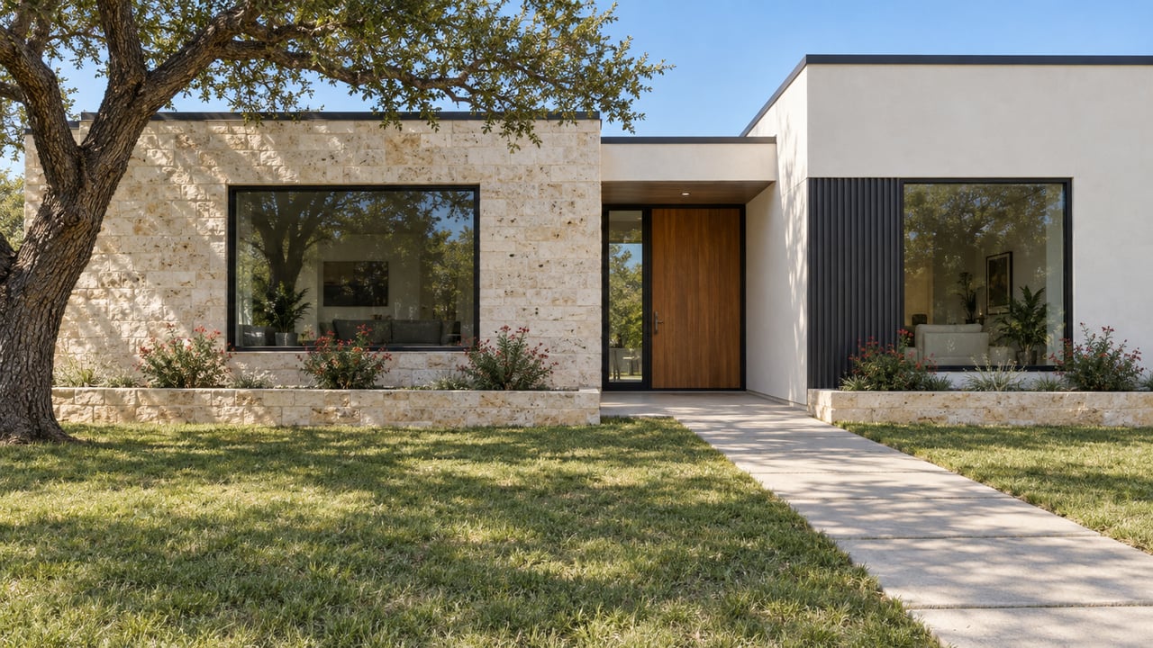 Contemporary limestone and white stucco home with black-framed windows, a wood entry door, a broad lawn and a mature spreading oak.