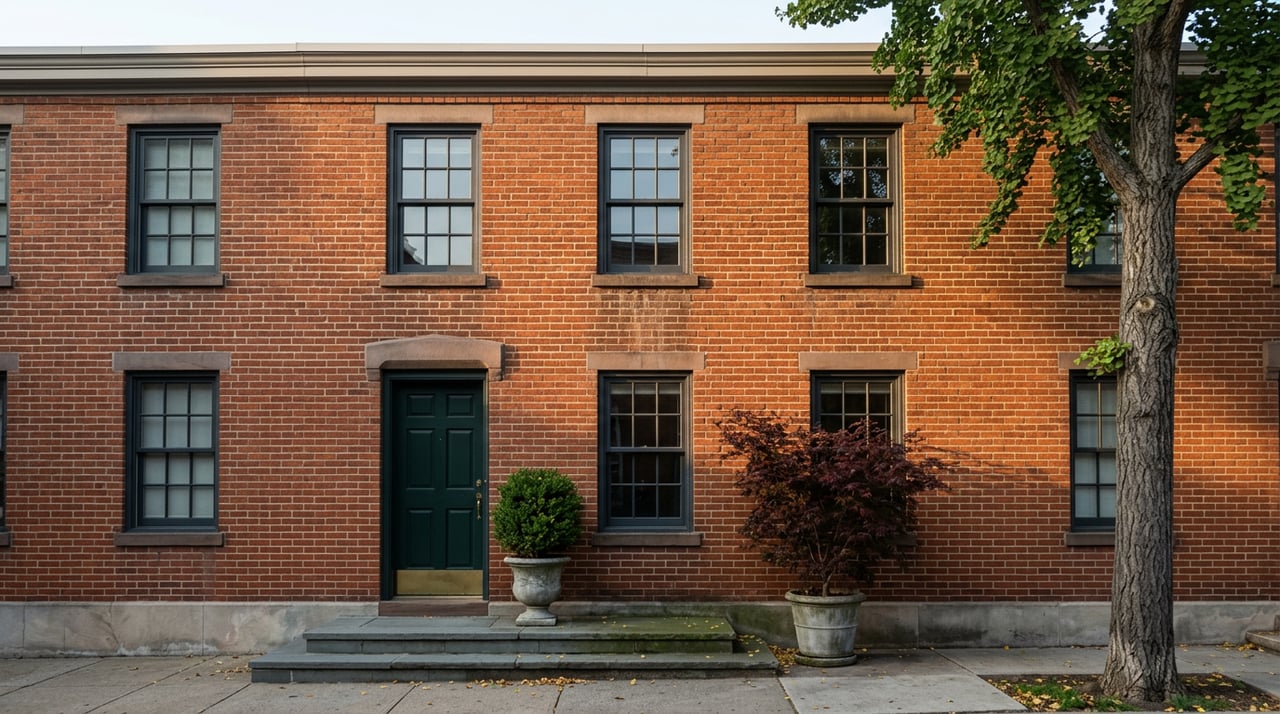Attached russet-brick facade with charcoal six-over-six windows, a green entry door, stone stoop, and curbside plants.