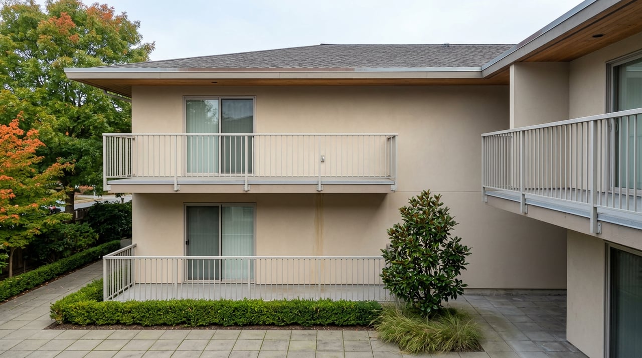 Two stacked balconies with steel railings on a stucco condominium facade, above a paved courtyard with clipped greenery.