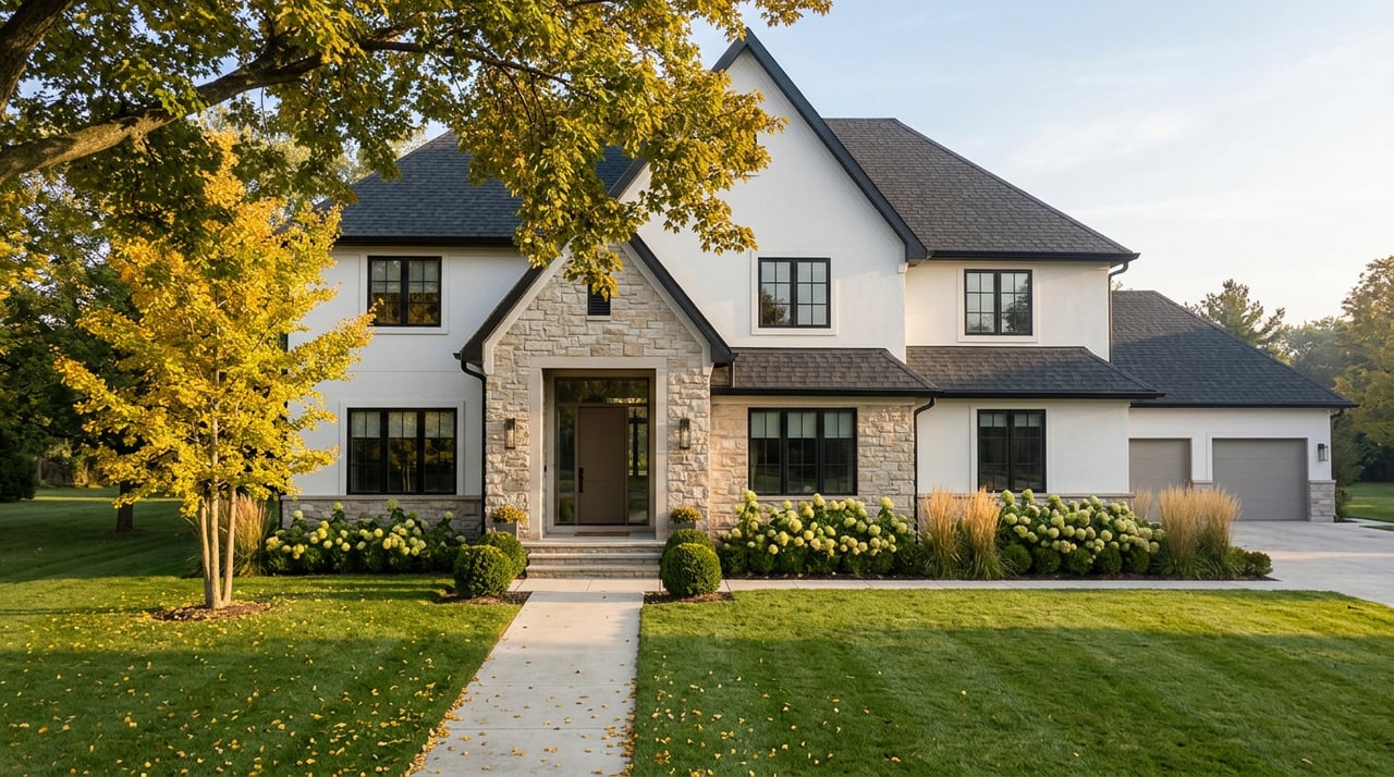 Two-story stucco and stone home with a steep gabled roof, black-framed windows, and a golden ginkgo tree.