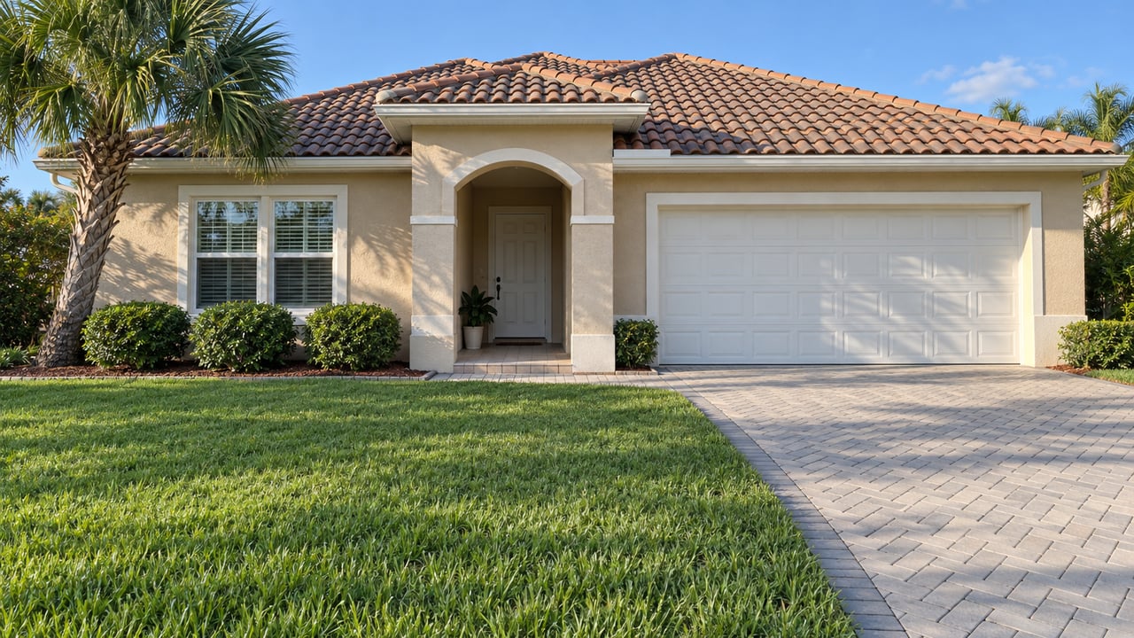 Single-story beige stucco home with a terracotta tile roof, recessed arched entrance, broad green lawn and a curved-trunk palm in morning sunlight.
