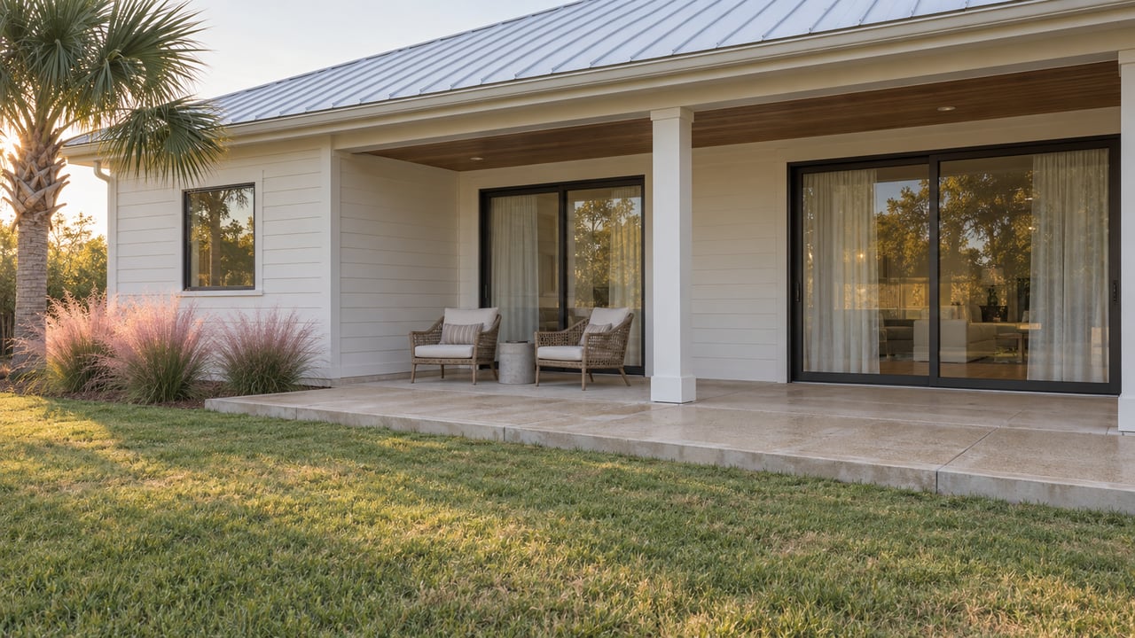 Coastal house with a covered terrace, woven lounge chairs, and a broad lawn in the foreground.