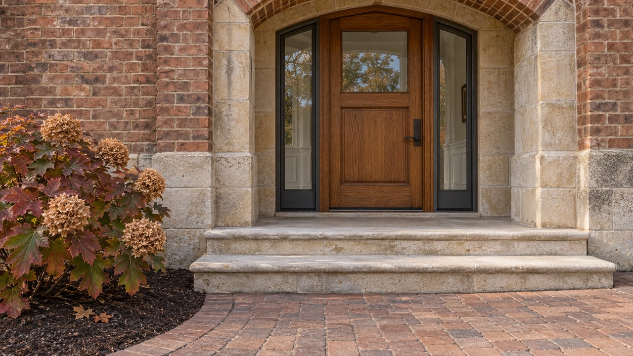 Oak front door with paired glazed sidelights beneath a pointed brick arch, limestone steps and a curved clay-paver walk beside autumn oakleaf hydrangea.