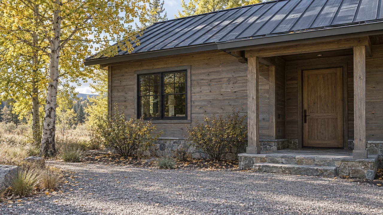 Pine-clad cabin with a recessed entry, divided-light window, stone step, and aspen tree.