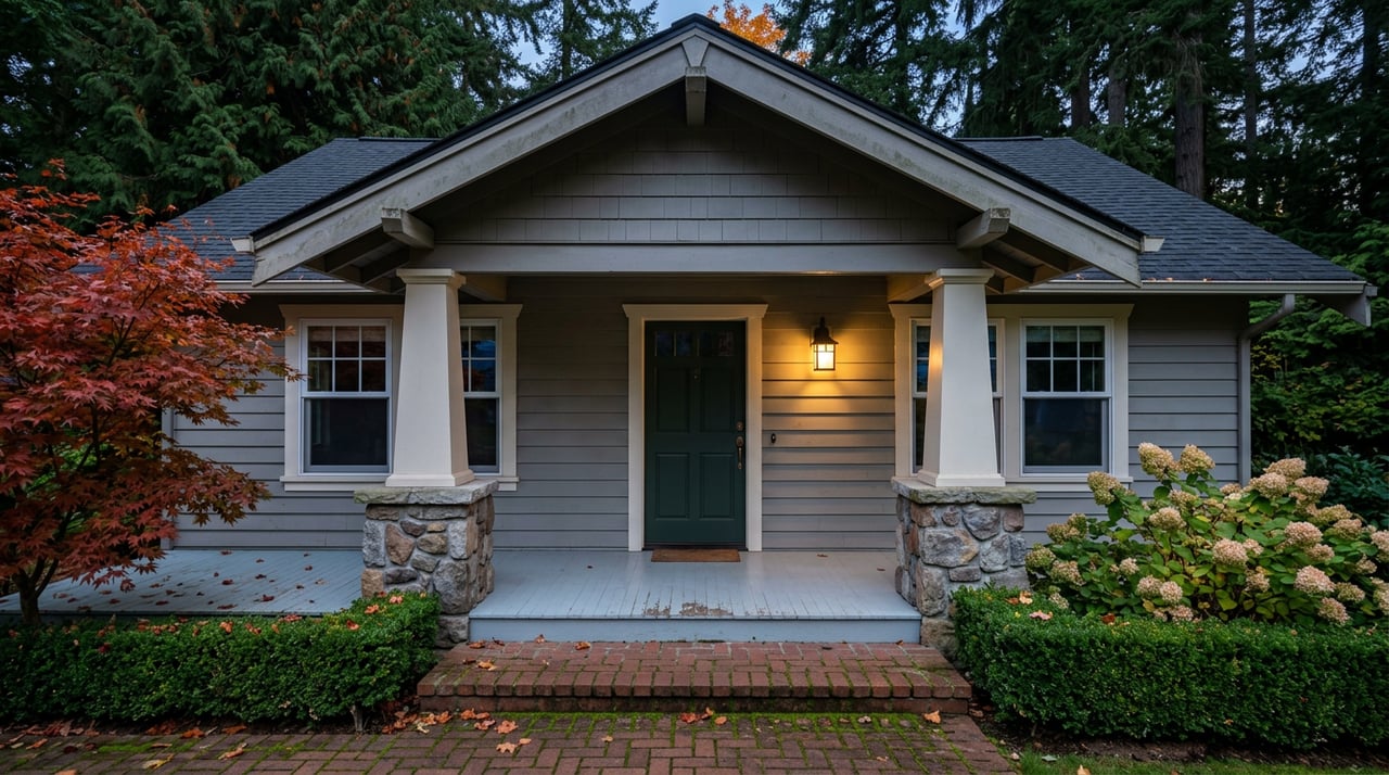 Craftsman cottage entry with a glowing lantern, red brick steps, and an autumn Japanese maple.