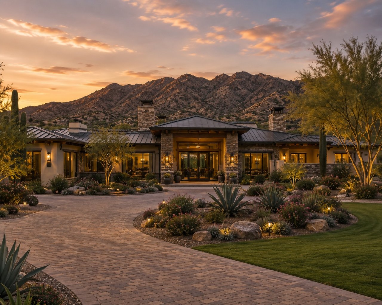 Luxury modern ranch estate set against the mountains in Scottsdale, Arizona.