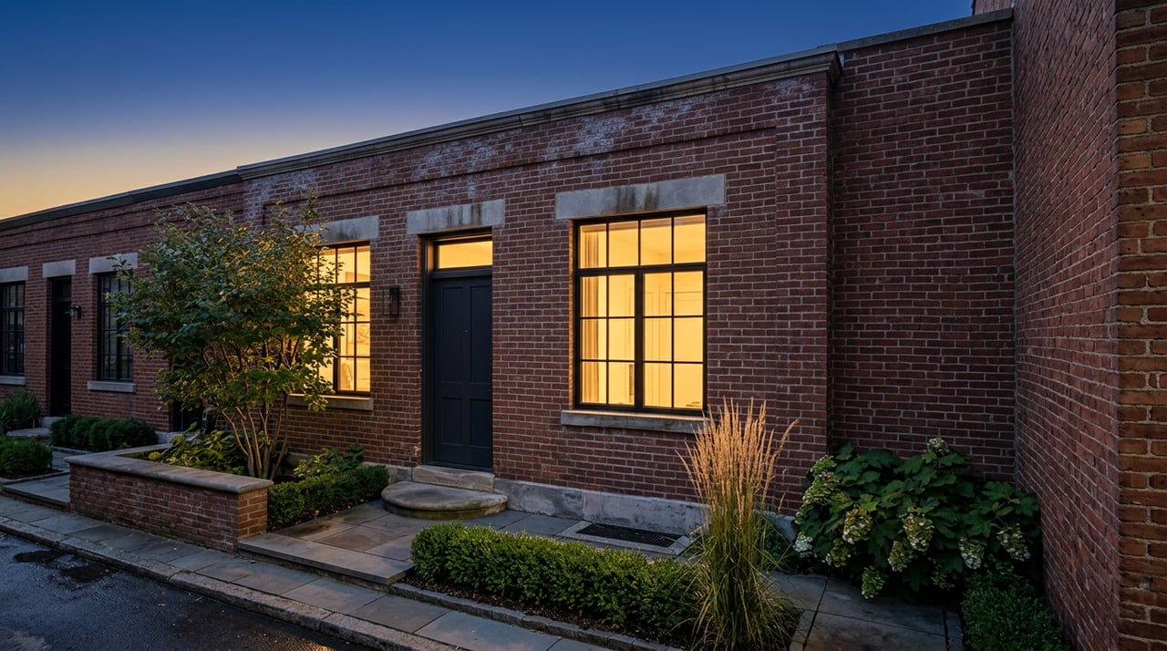 Brick rowhouse at dusk, warm-lit windows above a planted entry and low stone wall.