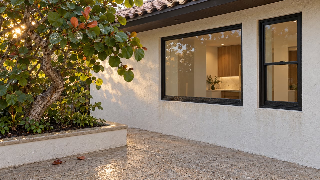 Stucco house wall with black-framed windows beside a sea-grape tree and damp patio.